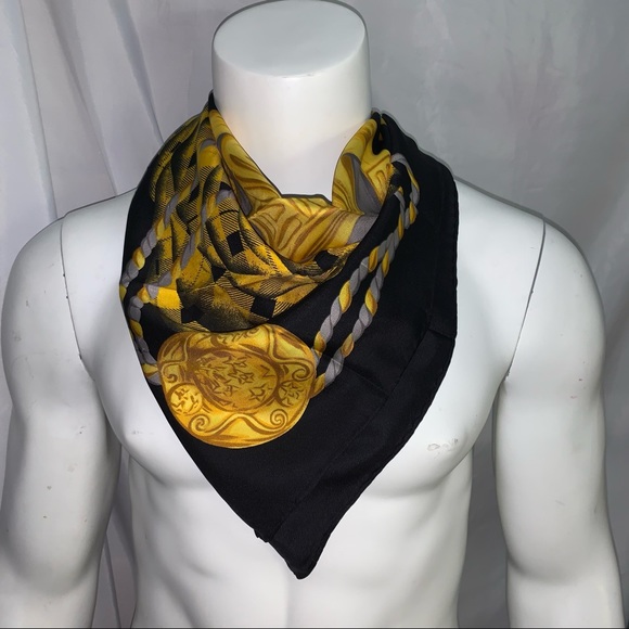 CELINE gold/black tartan plaid SILK TWILL scarf signature MACADAM logo at center - Picture 6 of 11